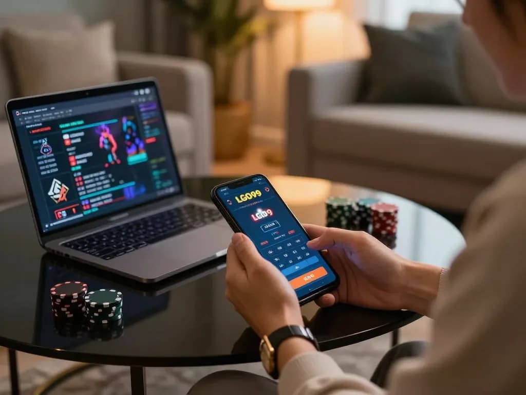 LGO99 app showcasing bets placed by a stylish online gambler in a cozy living room setup.