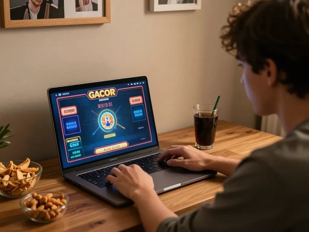 Engaged player enjoying SLOT GACOR online gaming on a laptop in a cozy home setting.