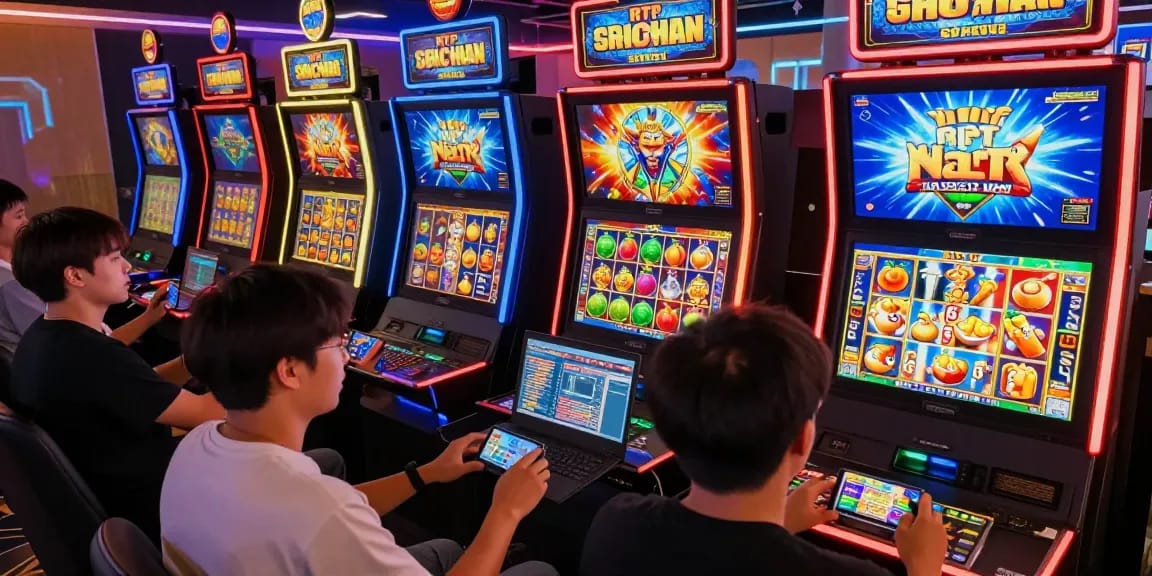 Permainan rtp slot yang menarik dengan pemain merayakan kemenangan di kasino online.