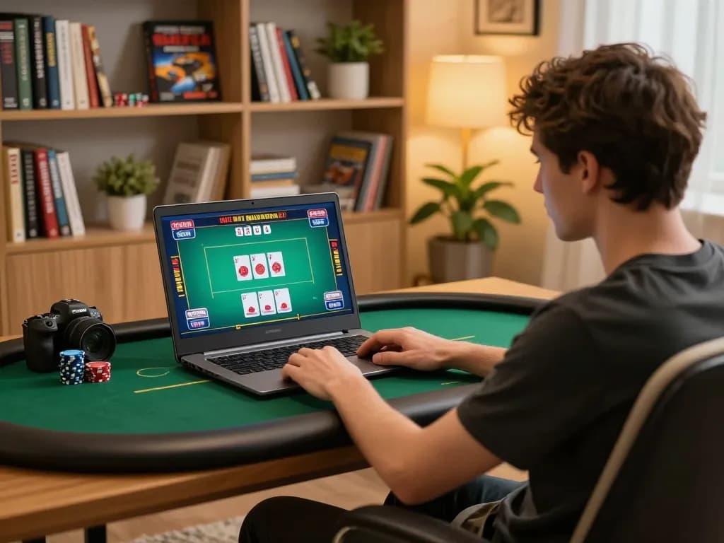 Engaging with live poker game on trang chủ Net88 in a cozy home office setting.