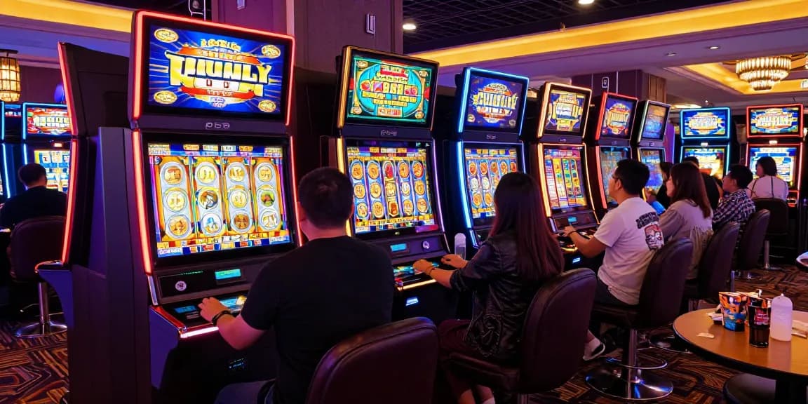 Excited players enjoying vibrant slot gacor machines in a lively casino atmosphere, showcasing the thrill of gaming.