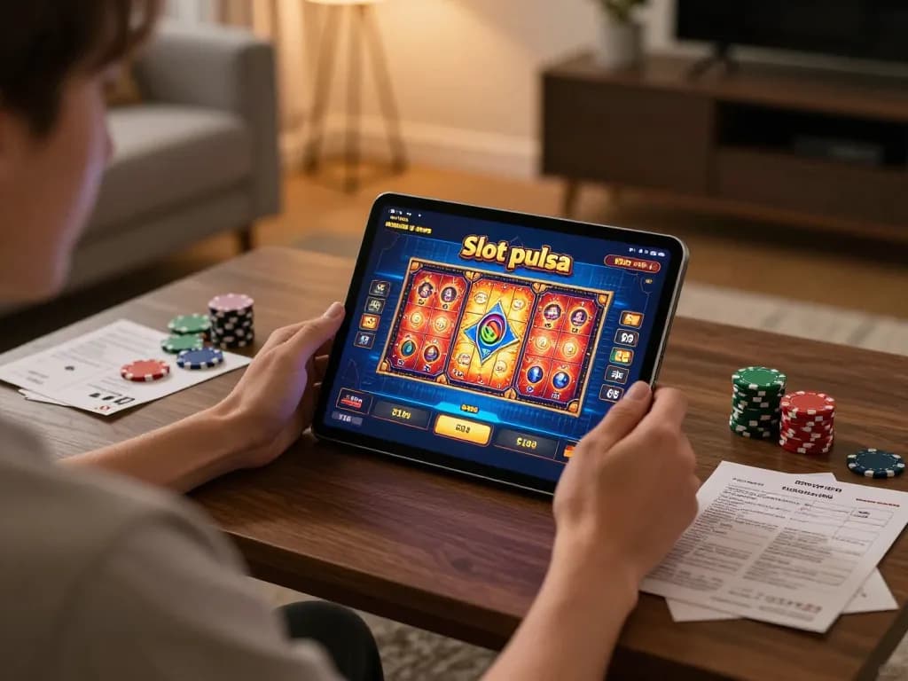 Engaging player enjoying Slot pulsa games on tablet in cozy home setting