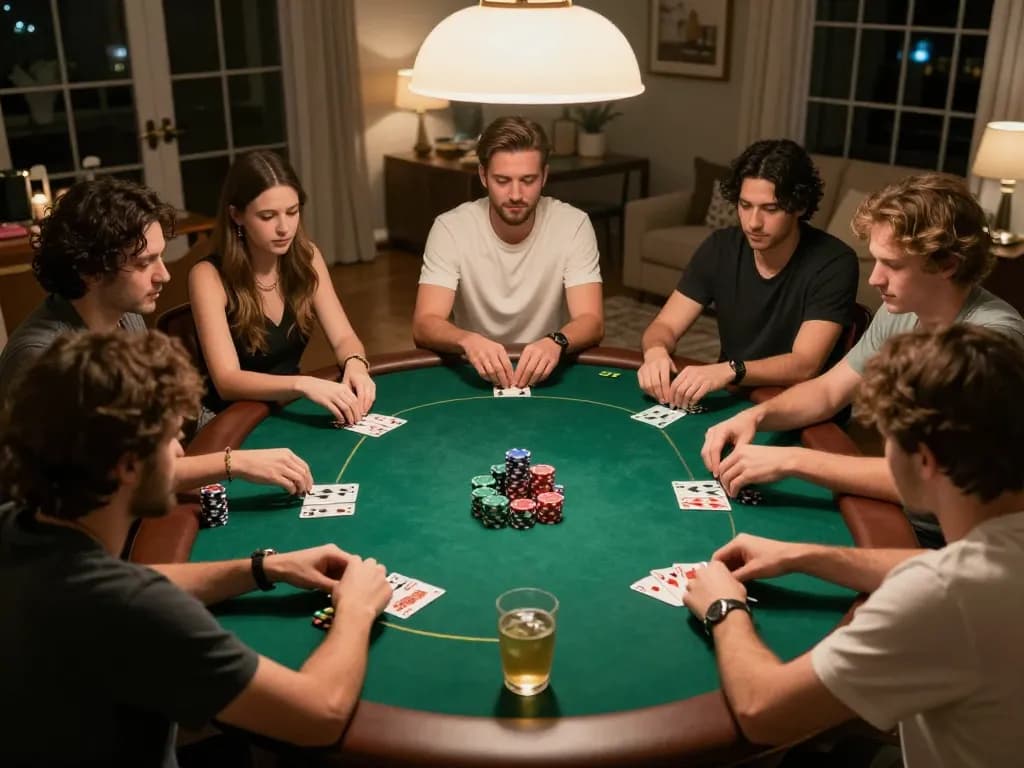 UG DEWA players enjoying poker night with friends, strategic gameplay and drinks visible in focus