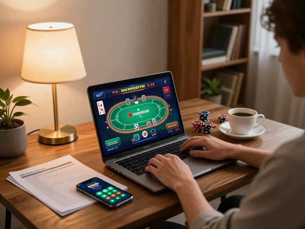 Engaging in online poker gameplay on fabet platform with a warm, inviting setup.