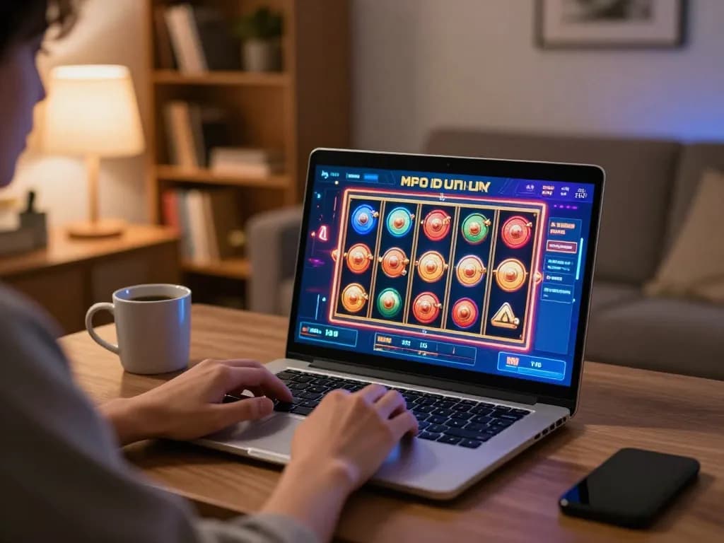 Person playing MPO ID online slots on laptop in cozy living room setting, showcasing responsible gaming habits