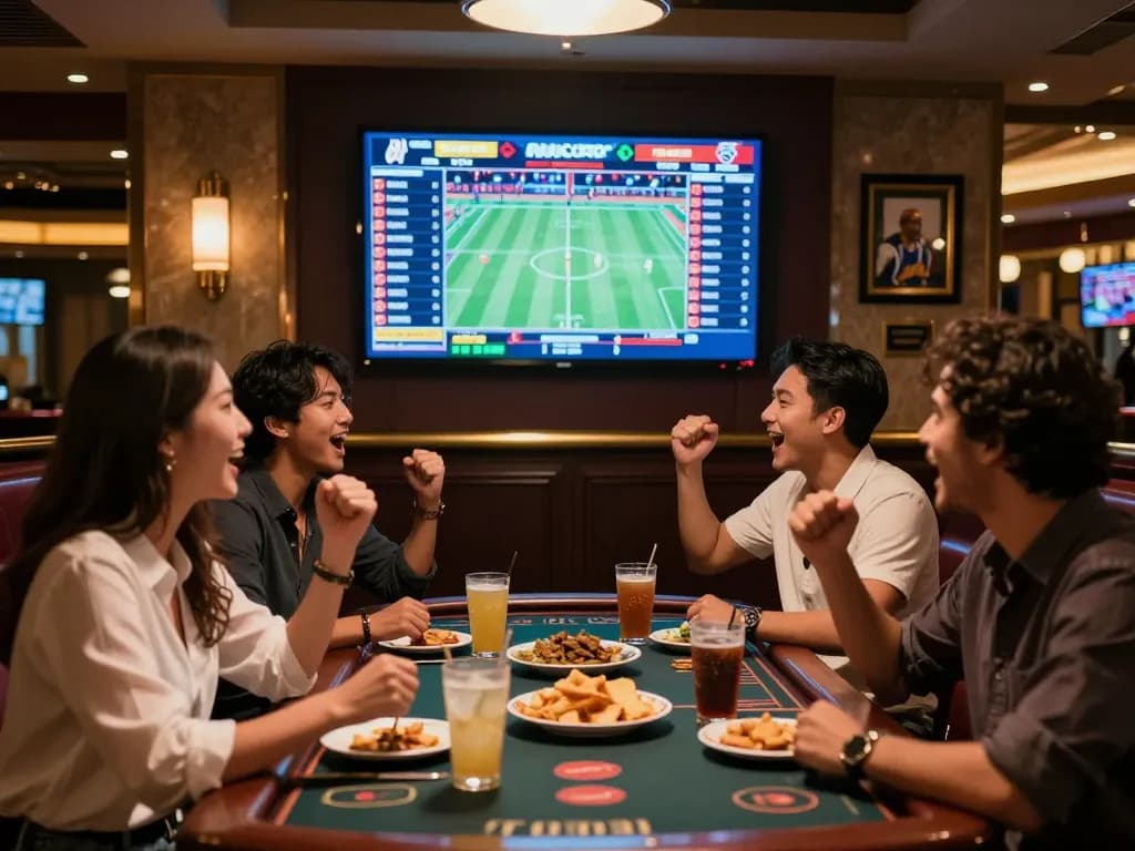 IDNSCORE RESMI betting excitement with friends cheering for their favorite teams in a stylish sports bar setting