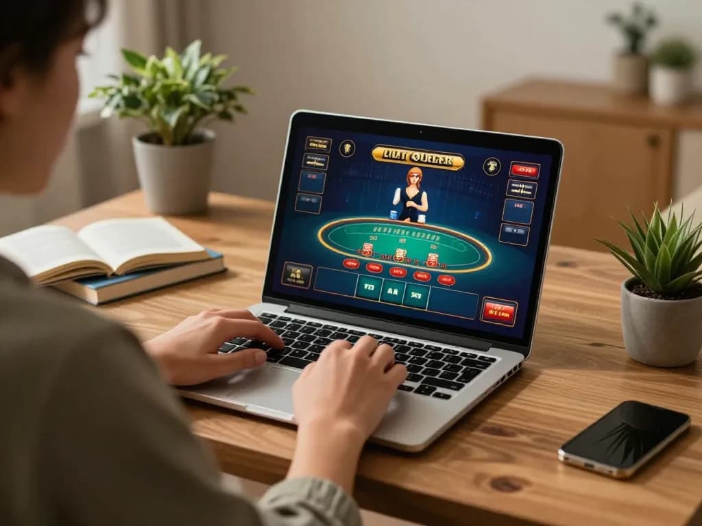 Player engaging in blackjack on 789club laptop at home, focusing on strategy and wagering.