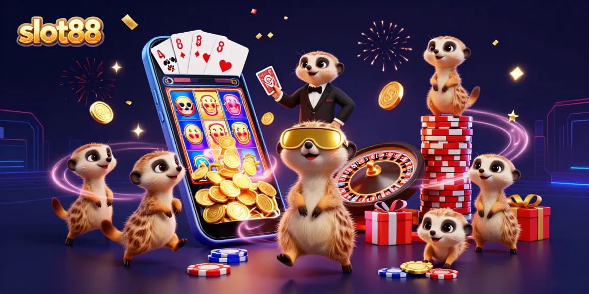 Catch the excitement of slot88 as meerkats manage a vibrant casino scene with slot games and coins