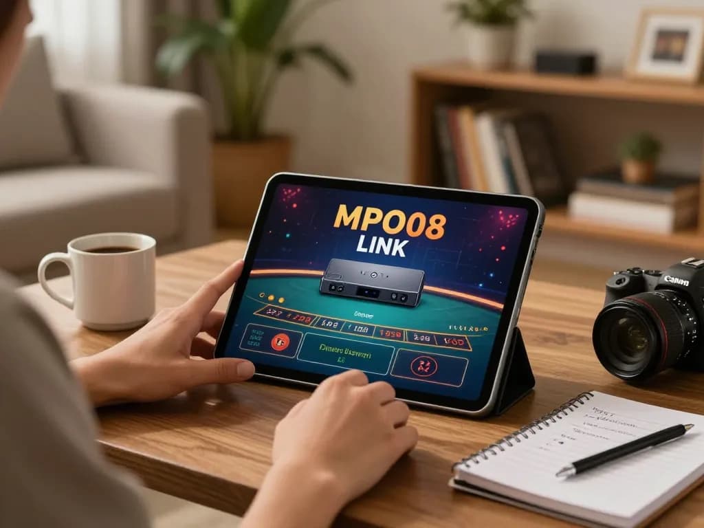 Engaging player using MPO08 Link for online casino gaming in a cozy home setting.