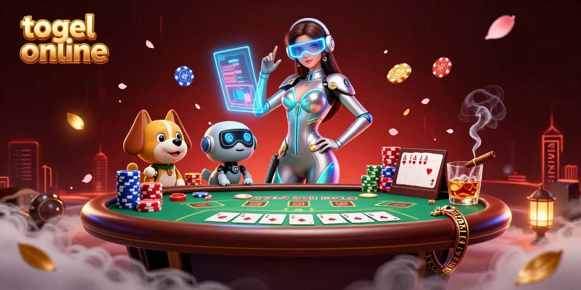 Rasakan aksi togel online yang mendebarkan dengan wanita menawan dalam busana futuristik, dikelilingi oleh elemen poker.