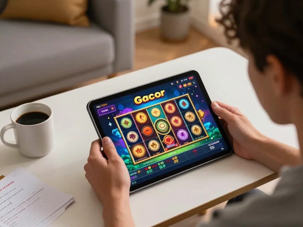 Berinteraksi dengan link slot gacor di tablet saat bermain di rumah, menyoroti perjudian online modern.
