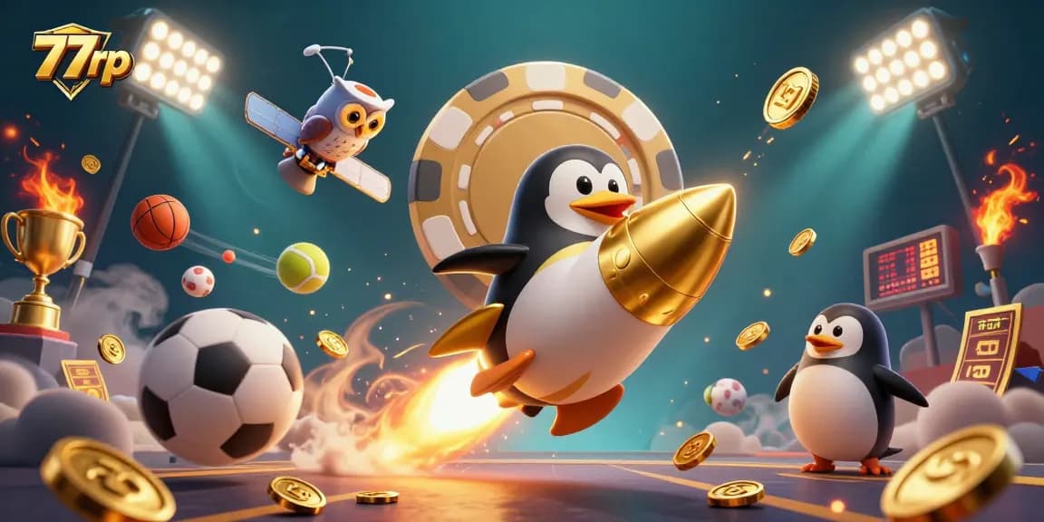 Experience thrilling gaming with 77rp, featuring a golden penguin racing to a poker chip space station