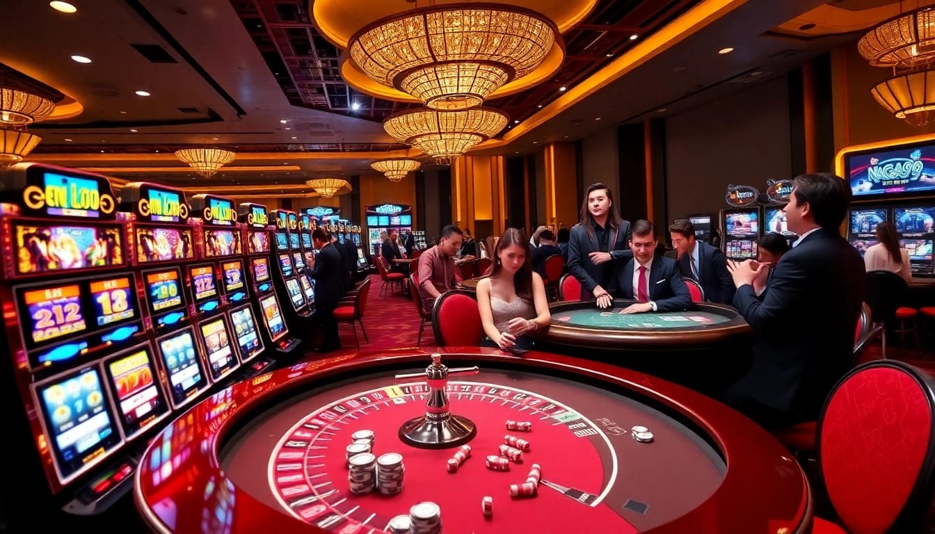 Naga99 players celebrating their big win at a vibrant casino slot machine.
