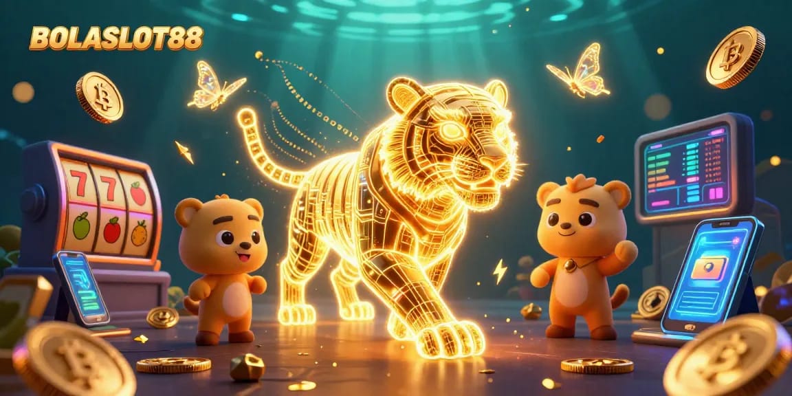 BOLASLOT88 menghadirkan ilustrasi 3D kasino digital mewah dengan simbol slot dan tigre emas berenergi cahaya.