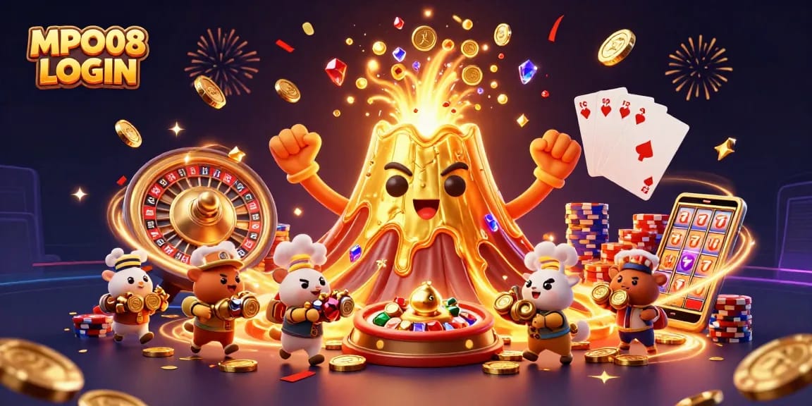 The dynamic scene presents MPO08 LOGIN, showcasing a triumphant golden volcano erupting coins and gems, surrounded by a rich array of gambling elements.