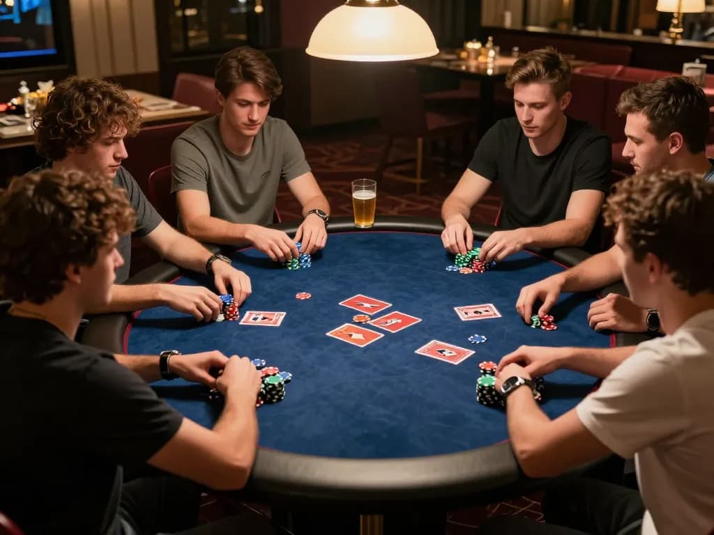 Engaged friends playing poker during home game night, showcasing situs slot gacor strategies and fun.