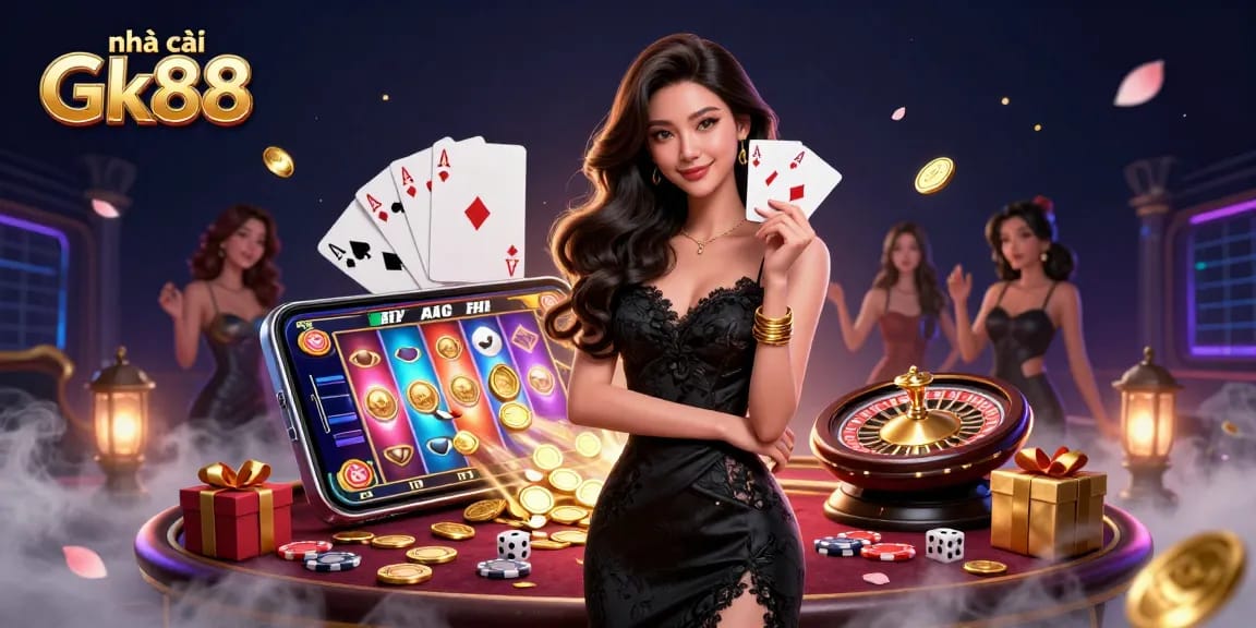 Engage with the house of Gk88 through playful action with ace cards and a vivid casino scene.