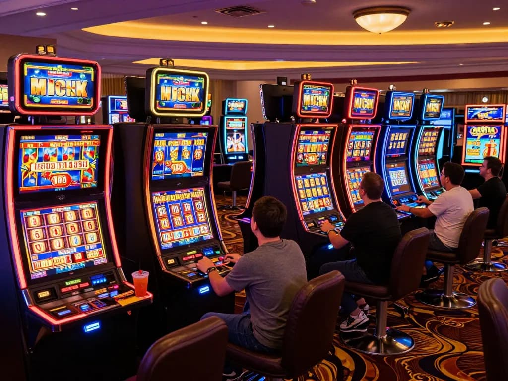 Pemain yang terlibat memutar jackpot mega slot di kasino yang ramai.