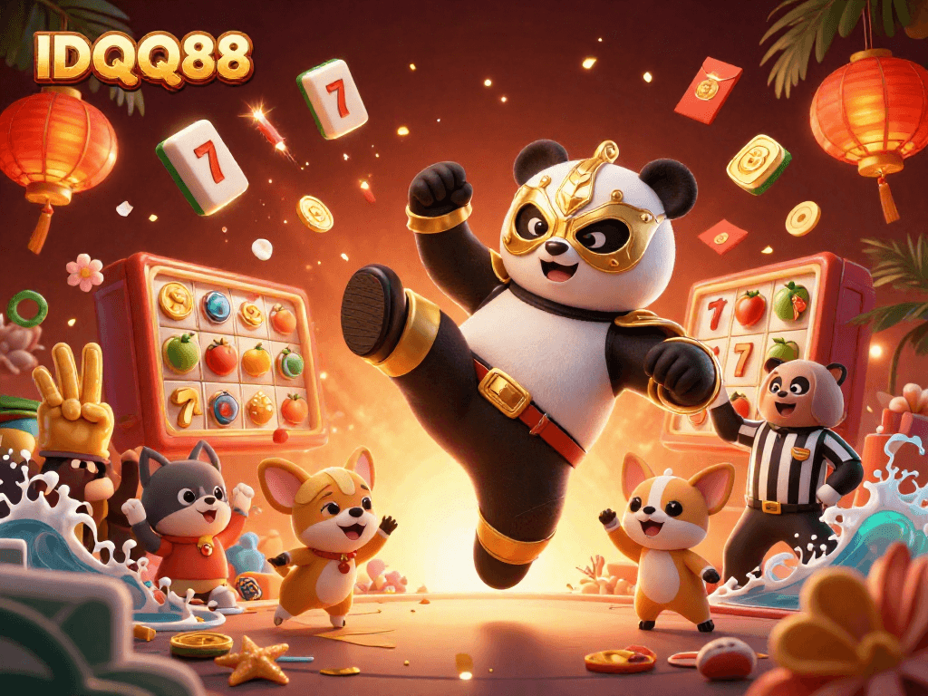 IDQQ88 showcases exciting slot action with a panda wrestler and lively animal crowd.