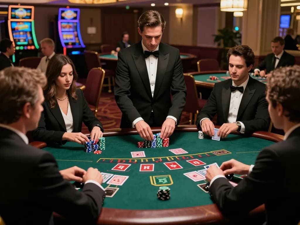 Engaged players at a blackjack table aiming for 33 win through strategic betting.