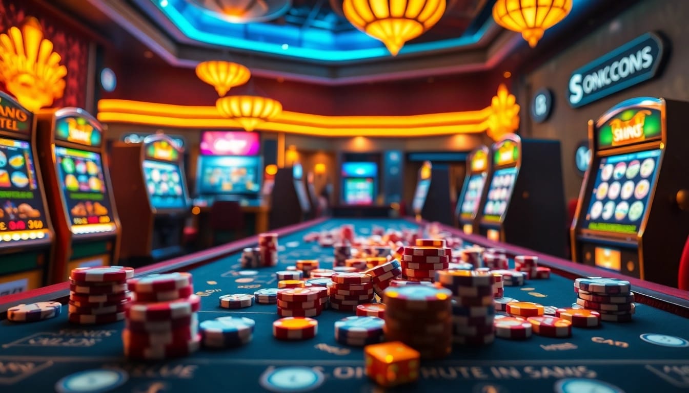 Experience the thrill of winning at onicplay with vibrant slot machines and poker chips.