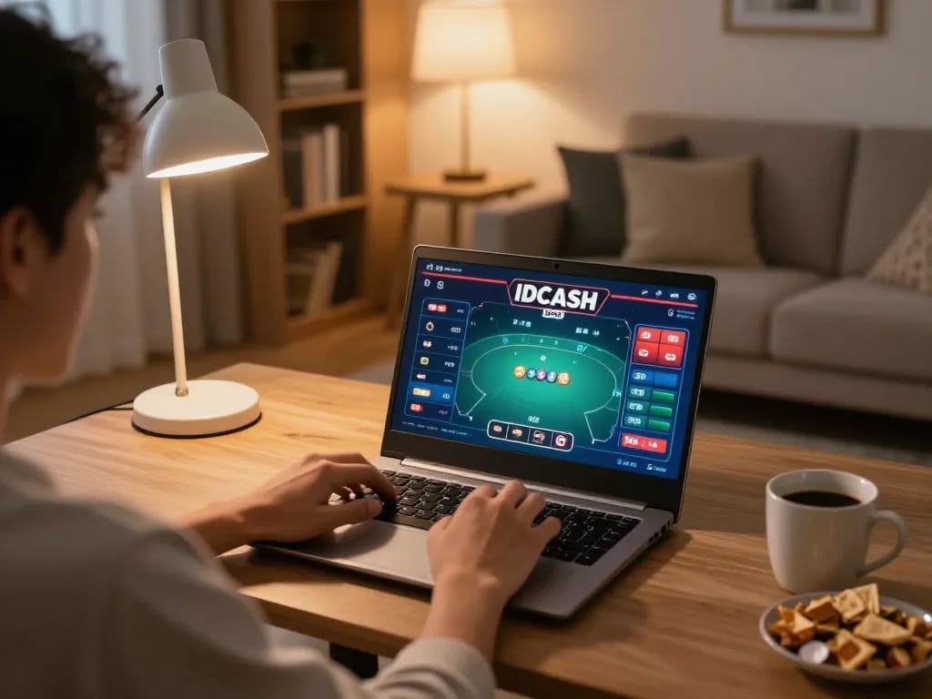 IDCASH 88 gameplay on a laptop in a cozy living room setting, perfect for home casino entertainment.