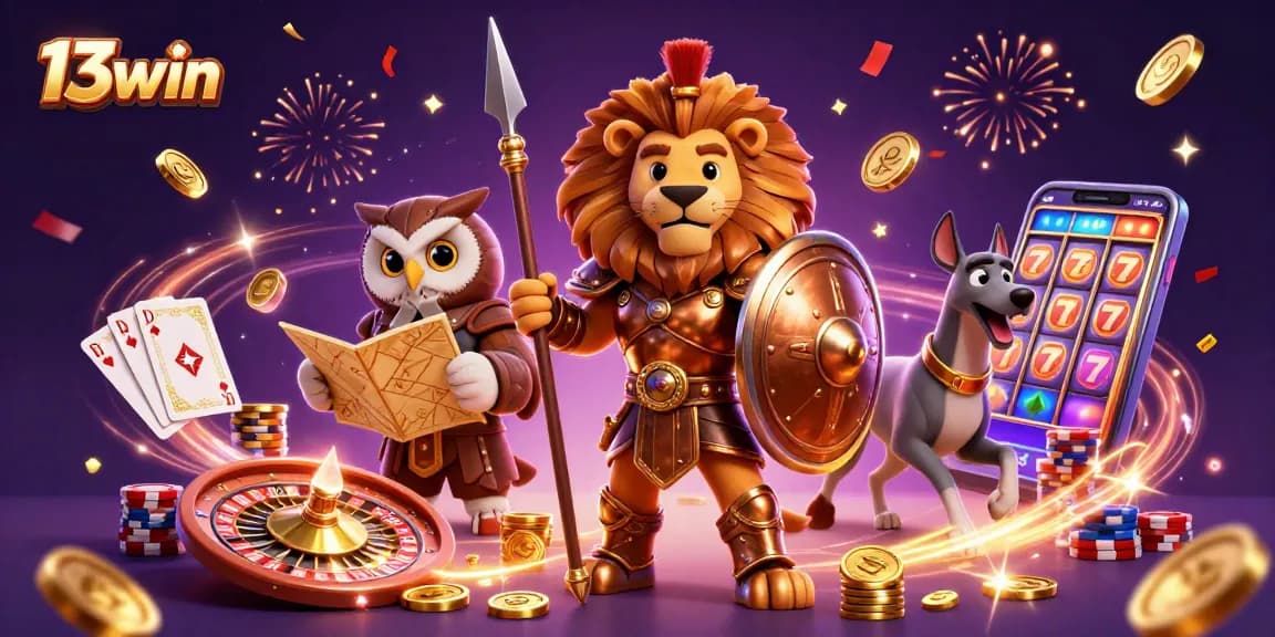 Engage with 13win's vibrant casino world filled with golden coins, thrilling games, and dynamic characters.