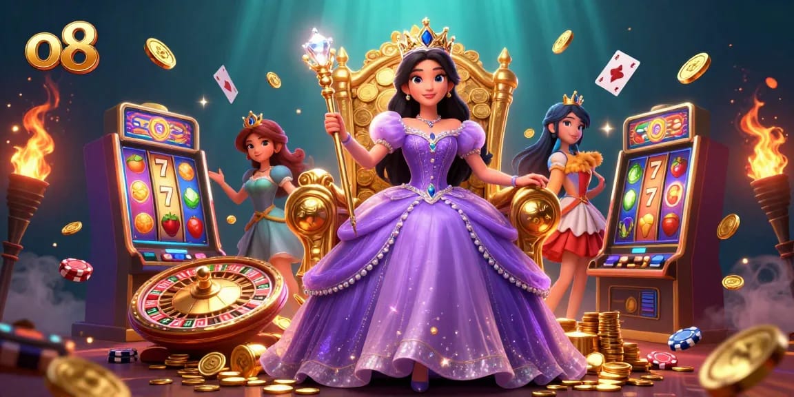 Experience the thrill at O8 with vibrant slot machines and a royal character amidst sparkling casino elements.