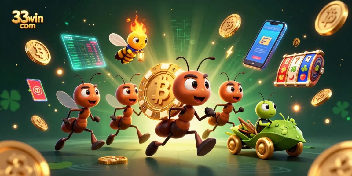 Experience the thrilling heist in 33win com as cartoon ants carry a giant poker chip amidst neon crypto coins.
