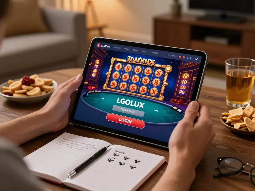 Engaging with LGOLUX LOGIN on a tablet with stunning casino game graphics in a cozy home setup.