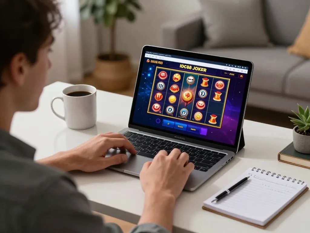 A player engaging with the IDC88 JOKER platform on a tablet, showcasing home gaming strategies and comfort.