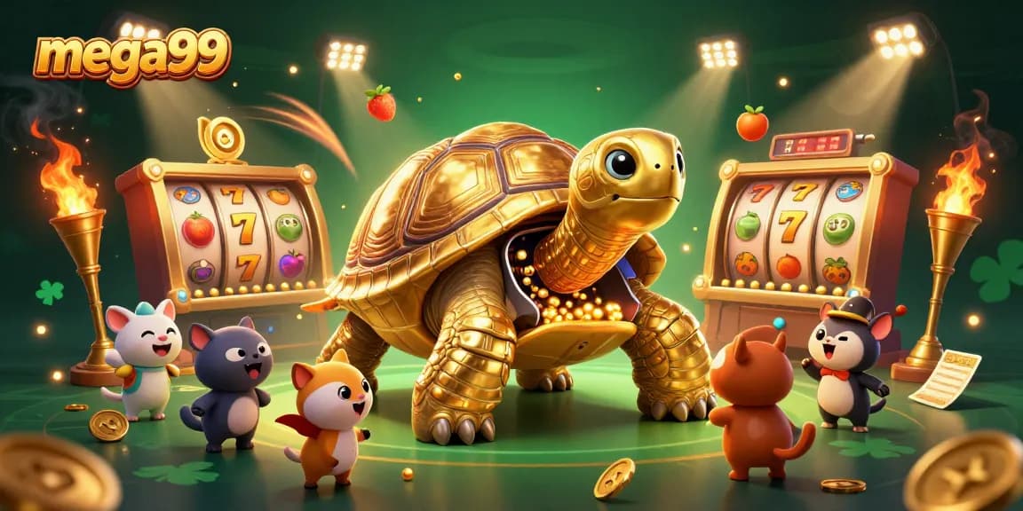 Experience mega99 excitement with thrilling slot reels and a golden tortoise pinball machine!
