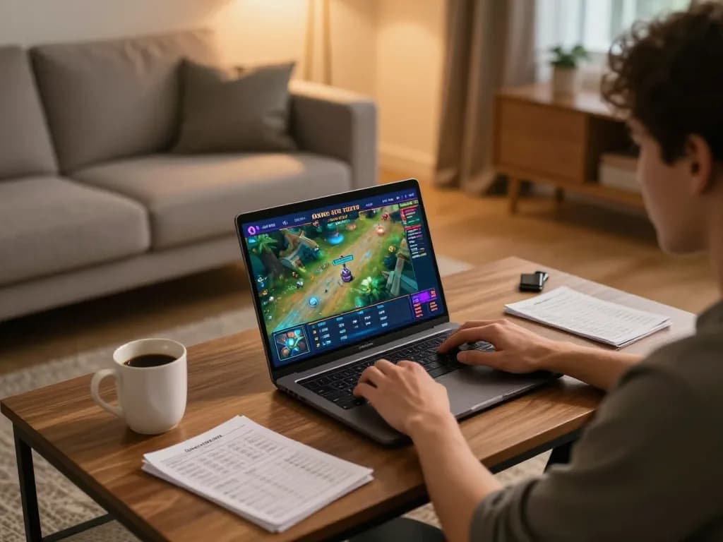 Person engaging in situs toto gameplay on a laptop in a cozy home setting with strategy notes.