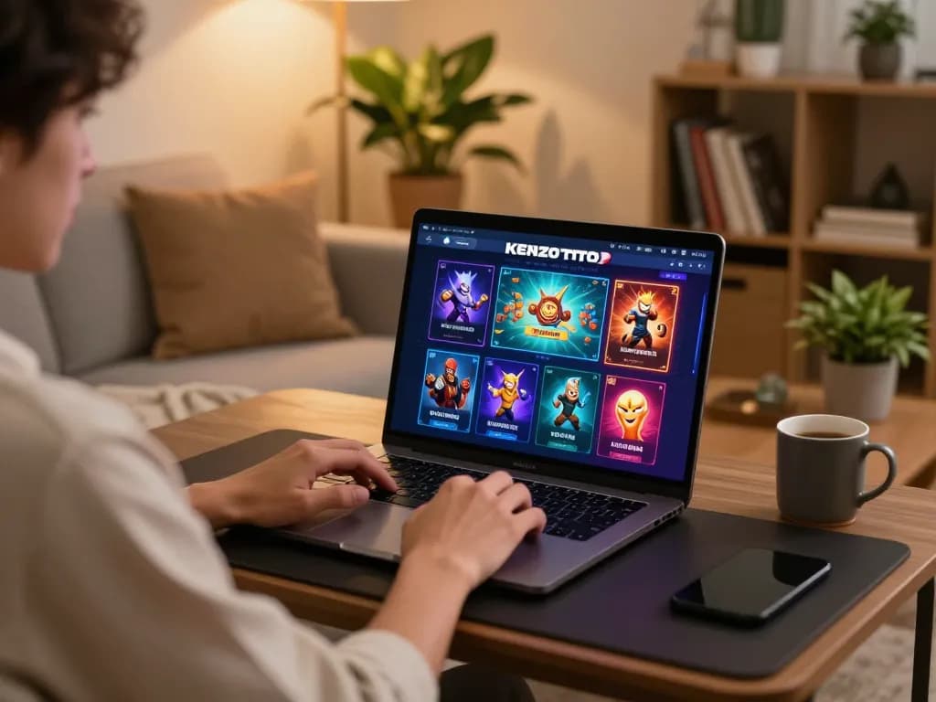 Pemain menjelajahi antarmuka kenzototo di laptop dalam pengaturan rumah yang stylish, menampilkan permainan online