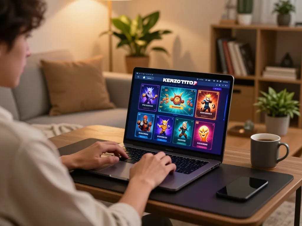 Pemain menjelajahi antarmuka kenzototo di laptop dalam pengaturan rumah yang stylish, menampilkan permainan online