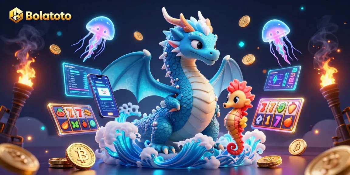 Engage with Bolatoto's thrilling features featuring a cartoon azure dragon and crypto elements.