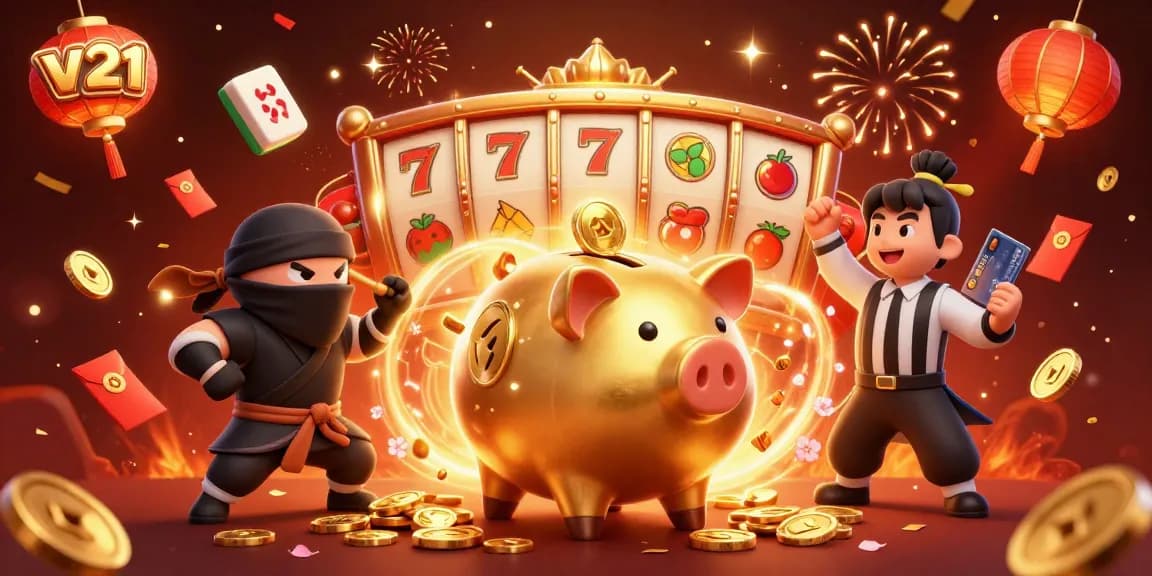 Mengguncang koin emas dari slot, karakter v21 bersaing dengan ninja dompet dan samurai kartu.