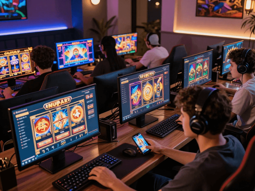Para pemain jandaslot menikmati permainan slot online dengan perangkat komputer dan smartphone di ruang gaming yang nyaman.