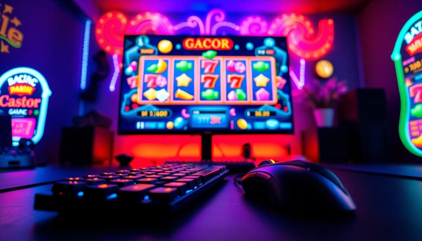 Menampilkan slot gacor yang menginspirasi, setup permainan dengan keyboard bercahaya dan layar grafik menarik.