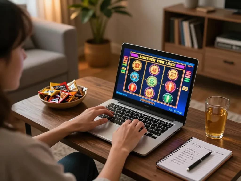 Engaging in online slots at home with IDC88 JOKER on the laptop and strategic notes.