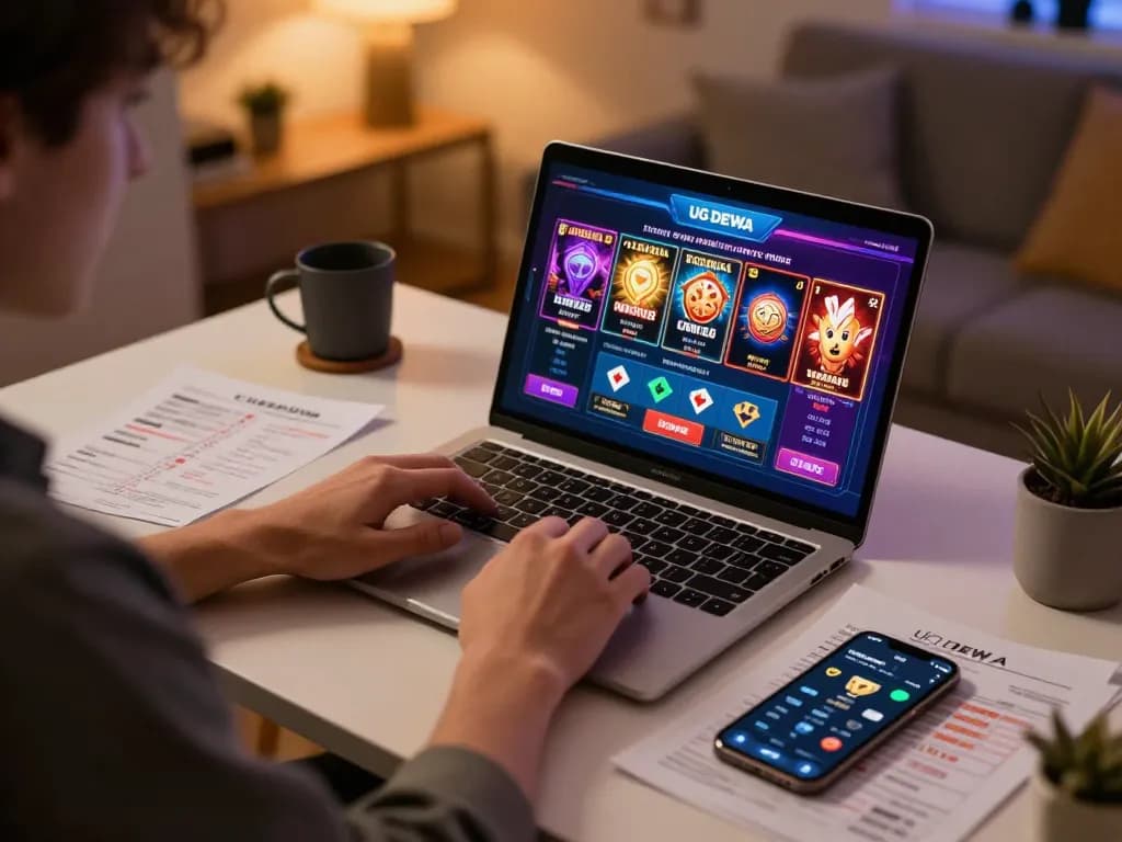 Engaged gamer playing UG DEWA on laptop, showcasing online casino strategies.