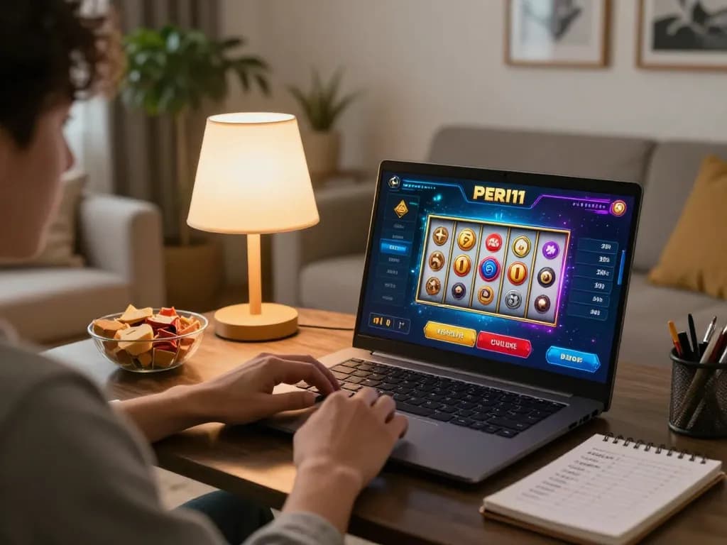 Engaging in a PERI11 game strategy session with a laptop and snacks in a cozy home setting.