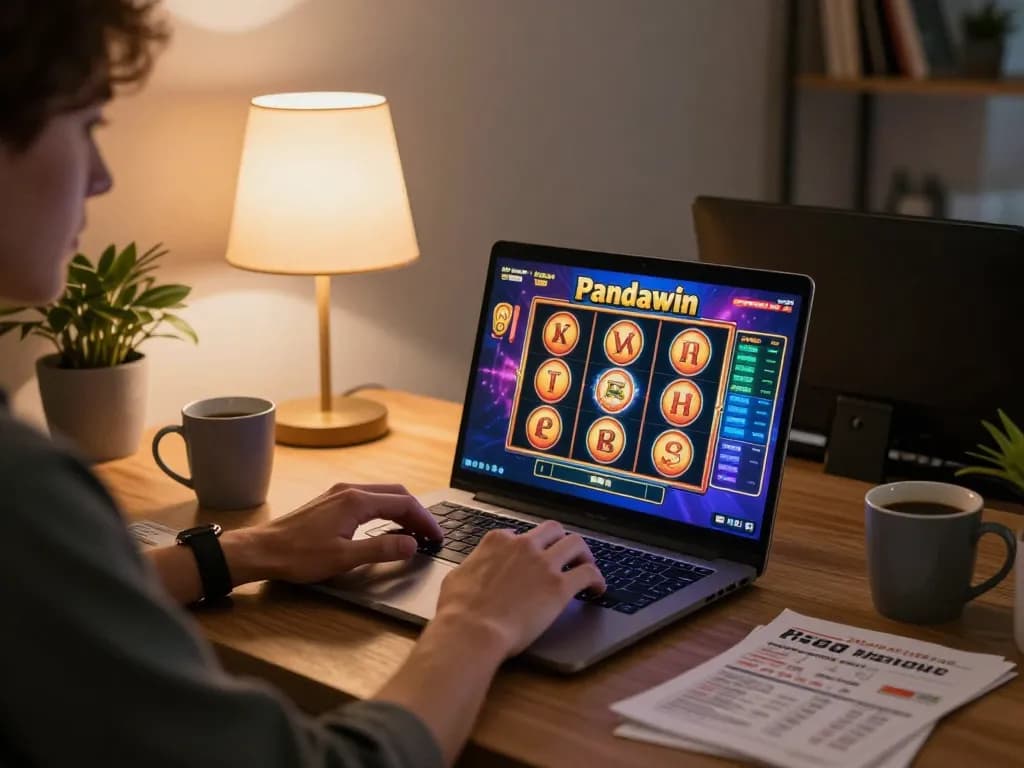 Pandawin adegan permainan slot online dengan pemain terlibat di pengaturan rumah yang menunjukkan catatan strategi.