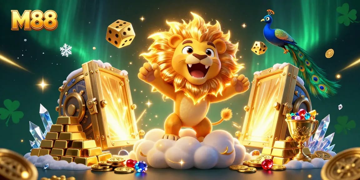 M88 casino scene featuring a roaring sun lion, golden dice, and treasure, creating winning excitement