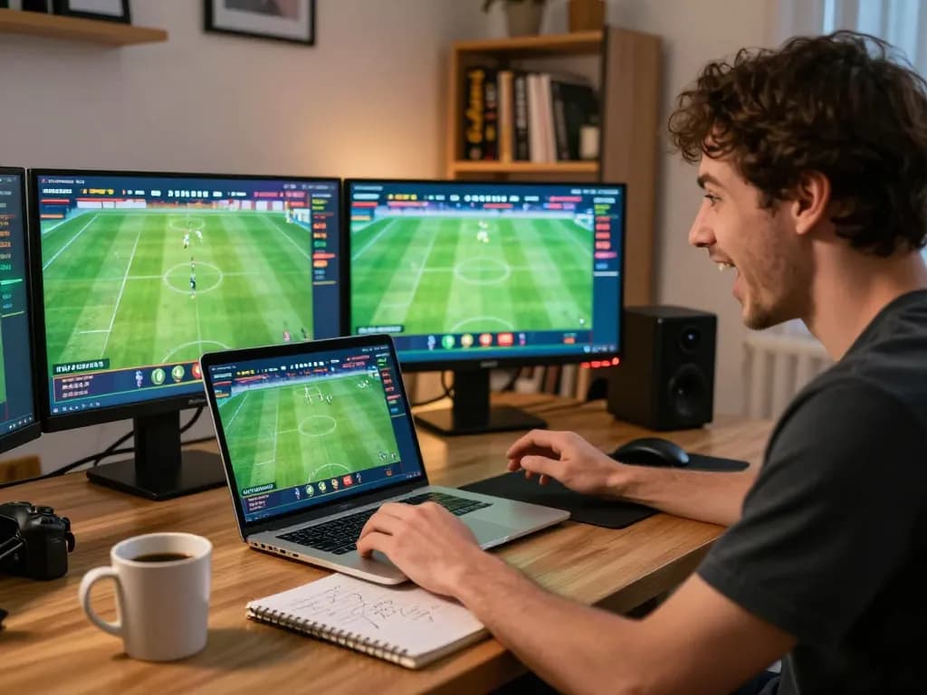 WWBOLA player intensely engages in online betting, surrounded by game strategy notes and cozy home office ambiance.