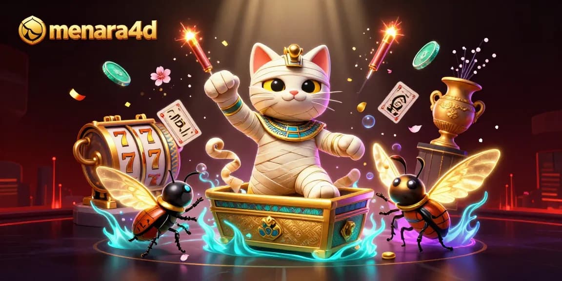 menara4d dengan kucing mummy di kasino, menampilkan kartu dan simbol slot