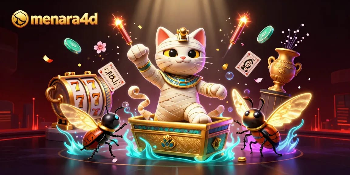menara4d dengan kucing mummy di kasino, menampilkan kartu dan simbol slot
