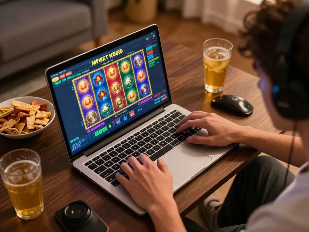 Engaging in mpoid slot games on a laptop, showcasing a dynamic home gaming atmosphere.