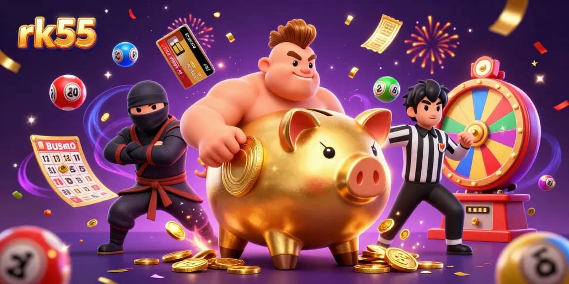 Engage with rk55's thrilling games as golden coins rain from the piggy bank sumo wrestler.