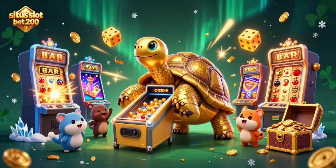 Situs slot bet 200 menampilkan mesin slot 3D yang berkilau dengan simbol keberuntungan dan koin emas.